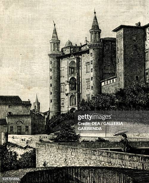 View of Ducal Palace and the Pincetto, Urbino, Marche, Italy, woodcut from Le cento citta d'Italia , illustrated monthly supplement of Il Secolo,...