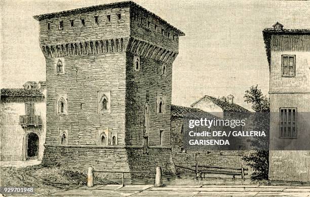 Sforza Castle, Vicolungo, Piedmont, Italy, woodcut from Le cento citta d'Italia , illustrated monthly Supplement of Il Secolo, Milan, June 25 year 24.