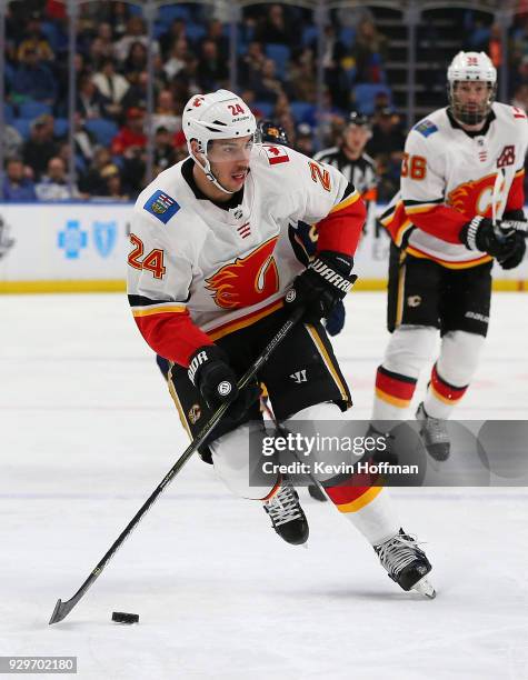 Travis Hamonic of the Calgary Flames during the game against the Buffalo Sabres at KeyBank Center on March 7, 2018 in Buffalo, New York.