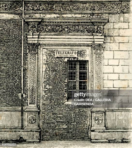 External door of the Ducal Palace, Urbino, Marche, Italy, woodcut from Le cento citta d'Italia , illustrated monthly supplement of Il Secolo, Milan,...