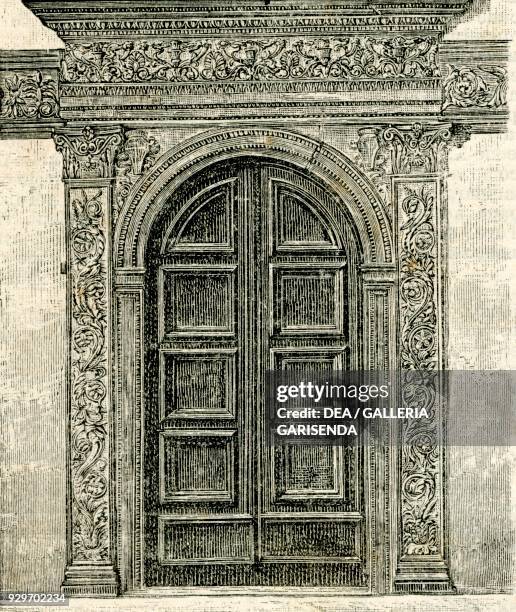 Door of the Main Hall, Ducal Palace, Urbino, Marche, Italy, woodcut from Le cento citta d'Italia , illustrated monthly supplement of Il Secolo,...