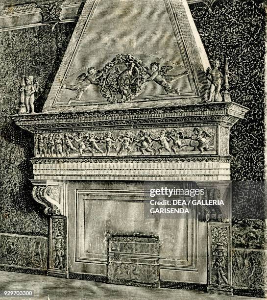 Fireplace in the Hall of the Angels, Ducal Palace, Urbino, Marche, Italy, woodcut from Le cento citta d'Italia , illustrated monthly supplement of Il...