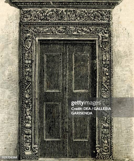 Door known as War Door, Ducal Palace, Urbino, Marche, Italy, woodcut from Le cento citta d'Italia , illustrated monthly supplement of Il Secolo,...