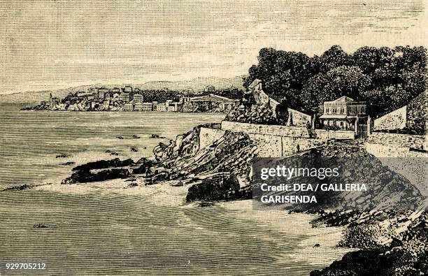 Panoramic view of Quarto dei Mille, Liguria, Italy, woodcut by Barberis, from Le cento citta d'Italia , illustrated monthly supplement of Il Secolo,...