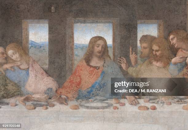 Jesus Christ with some of His Apostles, from left to right: Peter, John, Jesus Christ, Thomas, James the Greater and Philip, central detail from The...