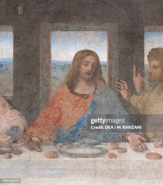 Jesus Christ, central detail from The Last Supper or Cenacolo, 1495-1497, by Leonardo da Vinci , after its restoration completed in 1999, tempera and...