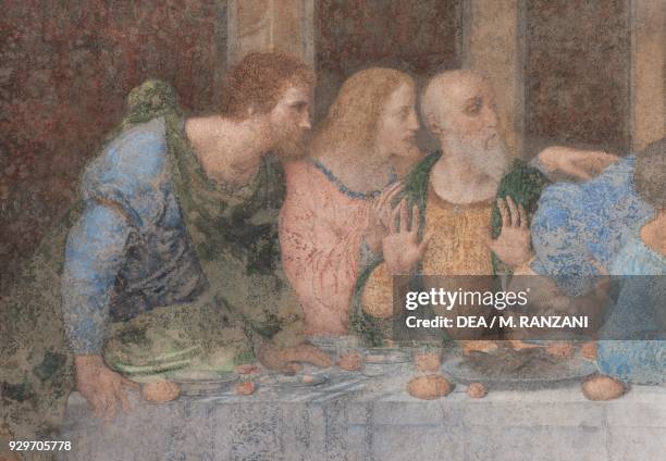Apostles Bartholomew, James the Less and Andrew, detail from The Last Supper or Cenacolo, 1495-1497, by Leonardo da Vinci , after its restoration...