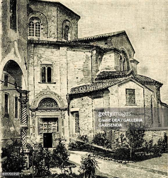 Exterior of the Basilica of San Vitale, Ravenna, Emilia Romagna, Italy, woodcut from Le cento citta d'Italia , illustrated monthly Supplement of Il...