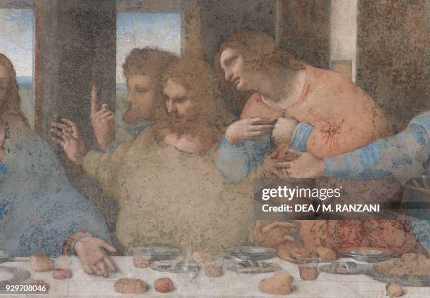 Apostles Thomas, James the Greater and Philip, detail from The Last Supper or Cenacolo, 1495-1497, by Leonardo da Vinci , after its restoration...