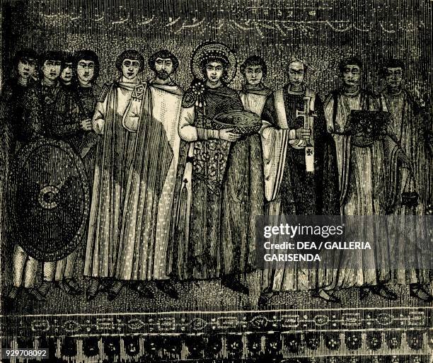The Emperor Justinian, ministers, soldiers and clergy, mosaic in the Basilica of San Vitale, Ravenna, Emilia Romagna, Italy, woodcut from Le cento...
