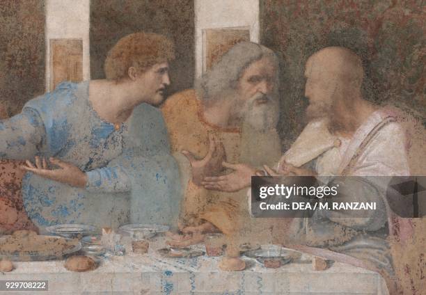 Apostles Matthew, Jude Thaddeus and Simon the Zealot, detail from The Last Supper or Cenacolo, 1495-1497, by Leonardo da Vinci , after its...