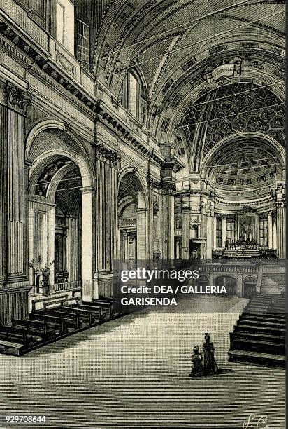 Interior of the Cathedral of San Cassiano Martire, Imola, Emilia-Romagna, Italy, woodcut from Le cento citta d'Italia , illustrated monthly...