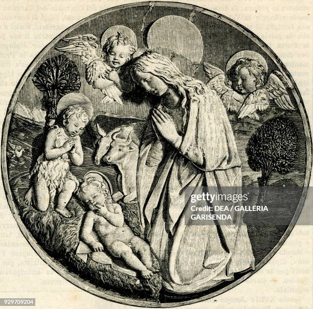 Madonna in adoration of the Child with the Infant St John the Baptist and cherubs, by Luca della Robbia , Prato, Tuscany, Italy, woodcut from Le...