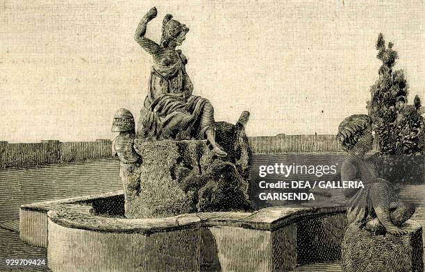 Fountain of the Rometta, villa d'Este, Tivoli, Lazio, Italy, woodcut from Le cento citta d'Italia , illustrated monthly supplement of Il Secolo,...