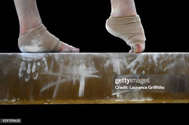 Detailed view of feet on the beam during The Women's Junior All-Around Subdivision 1 Round during the Gymnastics British Championships at Echo Arena...