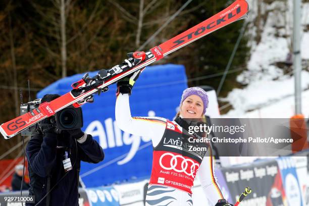 Viktoria Rebensburg of Germany takes joint 2nd place during the Audi FIS Alpine Ski World Cup Women's Giant Slalom on March 9, 2018 in Ofterschwang,...
