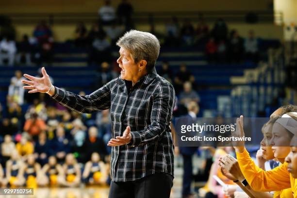 Central Michigan Chippewas head coach Sue Guevara reacts to her team's performance on the court during a regular season Mid-American Conference game...