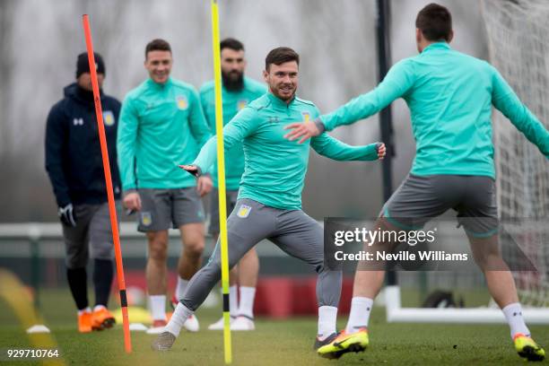 Scott Hogan of Aston Villa in action during a training session at the club's training ground at Bodymoor Heath on March 09, 2018 in Birmingham,...