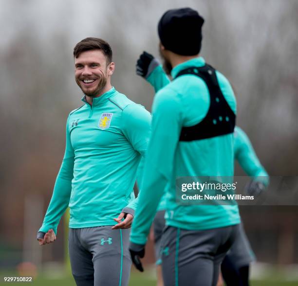 Scott Hogan of Aston Villa in action during a training session at the club's training ground at Bodymoor Heath on March 09, 2018 in Birmingham,...