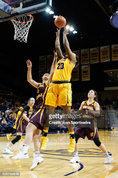 Toledo Rockets forward Tanaya Beacham goes in for a layup during a regular season Mid-American Conference game between the Central Michigan Chippewas...