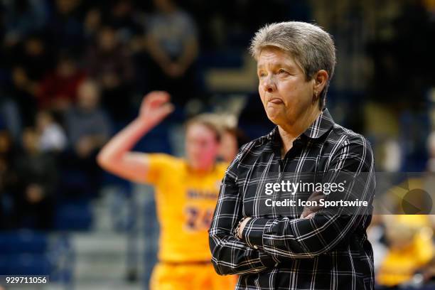 Central Michigan Chippewas head coach Sue Guevara watches the action on the court during a regular season Mid-American Conference game between the...