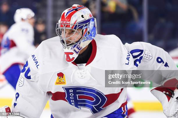 Look on Laval Rocket goalie Zach Fucale at warm-up before the Providence Bruins versus the Laval Rocket game on March 07 at Place Bell in Montreal, QC