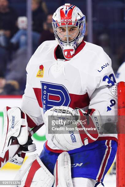Look on Laval Rocket goalie Zach Fucale at warm-up before the Providence Bruins versus the Laval Rocket game on March 07 at Place Bell in Montreal, QC