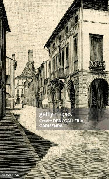 Street in the old town, Monselice, Veneto, Italy, woodcut from Le cento citta d'Italia , illustrated monthly Supplement of Il Secolo, Milan, November...