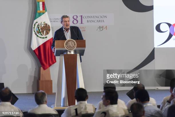 Marcos Martinez Gavica, chairman of Grupo Financiero Santander Mexico SAB, speaks during the Banks of Mexico Association Annual Banking Convention in...