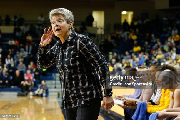 Central Michigan Chippewas head coach Sue Guevara listens to an official's call during a regular season Mid-American Conference game between the...