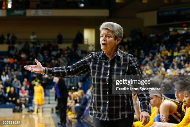 Central Michigan Chippewas head coach Sue Guevara questions an official's call during a regular season Mid-American Conference game between the...