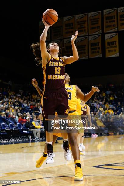 Central Michigan Chippewas forward Reyna Frost goes in for a layup during a regular season Mid-American Conference game between the Central Michigan...
