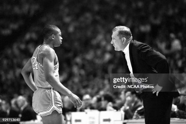 Don Haskins, coach of Texas Western College in action with Willie Worsley as his team defeated Kentucky 72-65 in the National Championship game in...