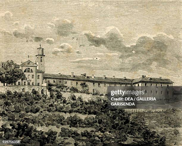 The Franciscan Monastery of Kostanjevica , Nova Gorica, Slovenia, woodcut from Le cento citta d'Italia , illustrated monthly supplement of Il Secolo,...