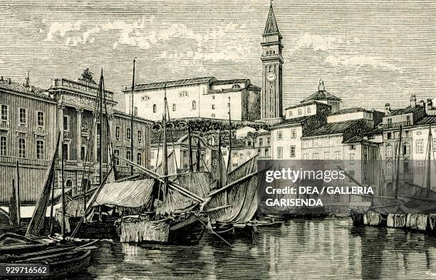 Port of Piran, Istria, Croatia, woodcut from Le cento citta d'Italia , illustrated monthly Supplement of Il Secolo, Milan, February 25 year 29.