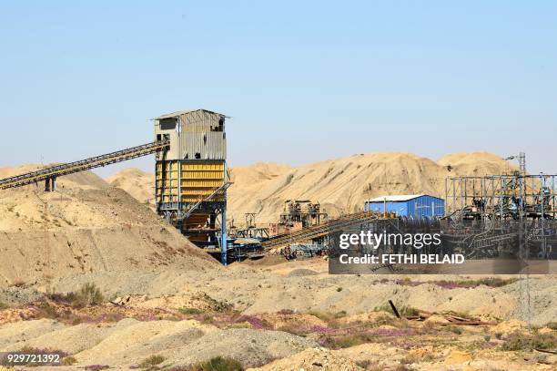 View of the phosphate production at the Mdhila mine, south of Gafsa, one of the main mining sites in central Tunisia, after workers restarted...