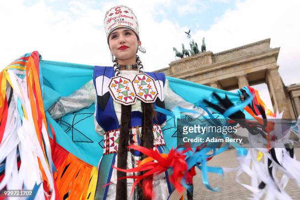 Calgary Stampede 2018 Indian Princess Cieran Starlight poses at the Brandenburg Gate as the group visits Germany to participate in the Internationale...