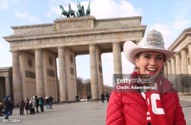 Calgary Stampede Princess Jessica Wilson poses at the Brandenburg Gate as the group visits Germany to participate in the Internationale...