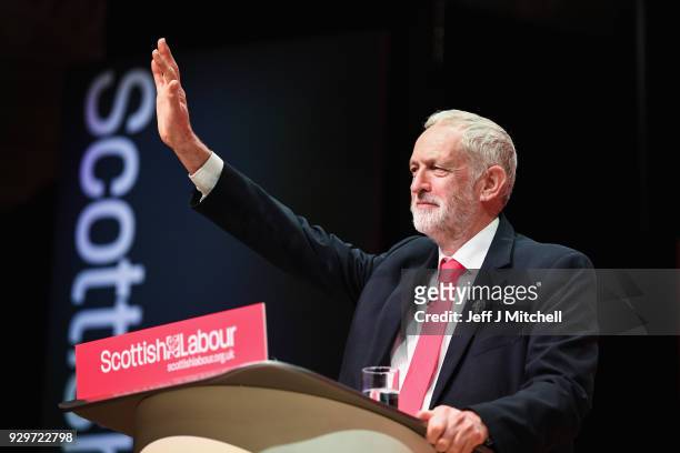 Labour leader Jeremy Corbynn acknowledges delegates applause before giving his keynote speech to the Scottish Labour Party Conference at the Caird...