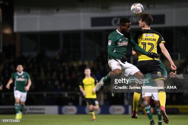 Tom Flanagan of Burton Albion and Florian Jozefzoon of Brentford during the Sky Bet Championship match between Burton Albion and Brentford the at...