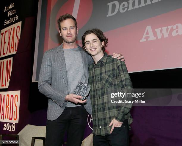 Armie Hammer and Timothee Chalamet attend the 2018 Texas Film Awards at AFS Cinema on March 8, 2018 in Austin, Texas.