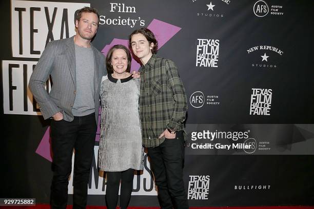 Armie Hammer, AFS CEO Rebecca Campbell and Timothee Chalamet attend the 2018 Texas Film Awards at AFS Cinema on March 8, 2018 in Austin, Texas.