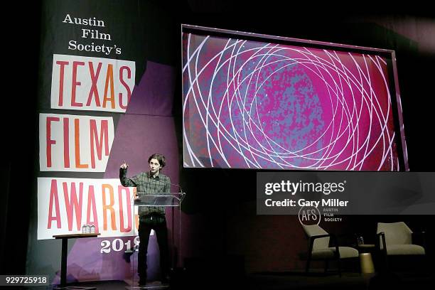 Timothee Chalamet speaks during the 2018 Texas Film Awards at AFS Cinema on March 8, 2018 in Austin, Texas.