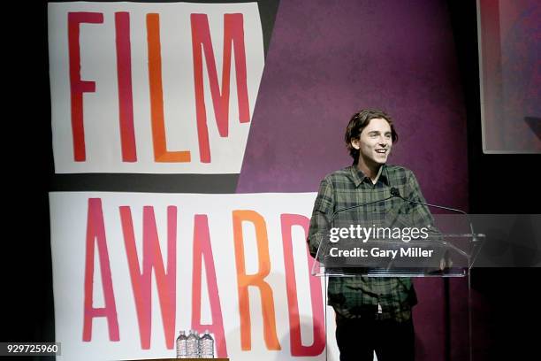 Timothee Chalamet speaks during the 2018 Texas Film Awards at AFS Cinema on March 8, 2018 in Austin, Texas.
