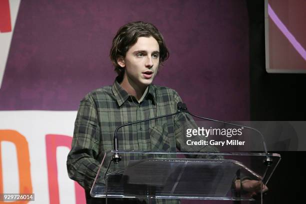 Timothee Chalamet speaks during the 2018 Texas Film Awards at AFS Cinema on March 8, 2018 in Austin, Texas.