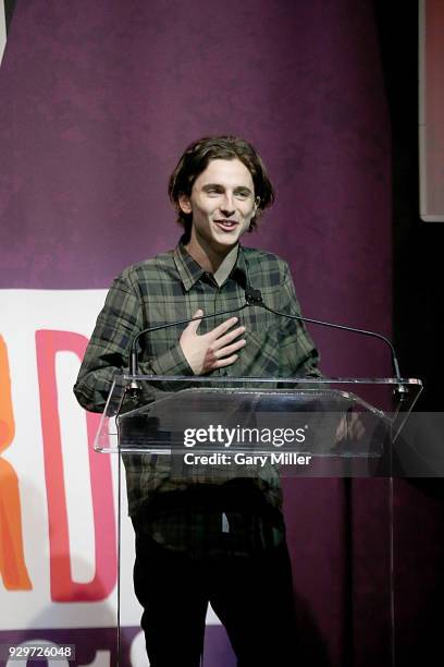 Timothee Chalamet speaks during the 2018 Texas Film Awards at AFS Cinema on March 8, 2018 in Austin, Texas.