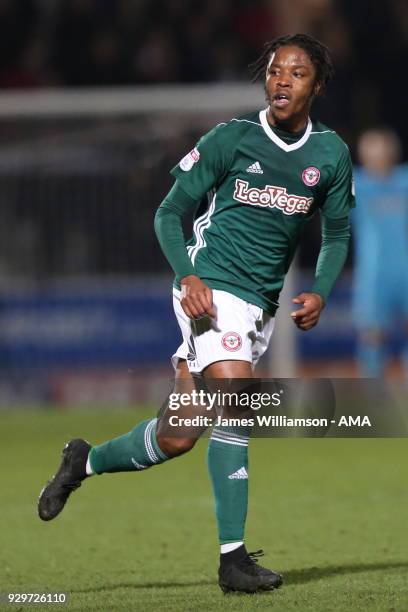 Romaine Sawyers of Brentford during the Sky Bet Championship match between Burton Albion and Brentford the at Pirelli Stadium on March 6, 2018 in...
