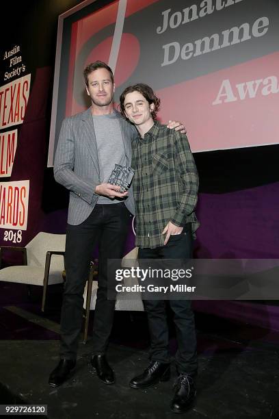 Armie Hammer and Timothee Chalamet attend the 2018 Texas Film Awards at AFS Cinema on March 8, 2018 in Austin, Texas.