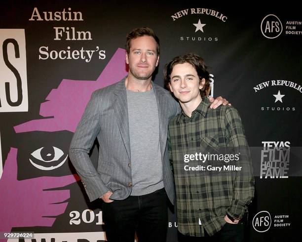 Armie Hammer and Timothee Chalamet attend the 2018 Texas Film Awards at AFS Cinema on March 8, 2018 in Austin, Texas.