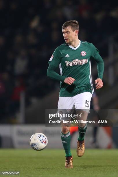 Andreas Bjelland of Brentford during the Sky Bet Championship match between Burton Albion and Brentford the at Pirelli Stadium on March 6, 2018 in...